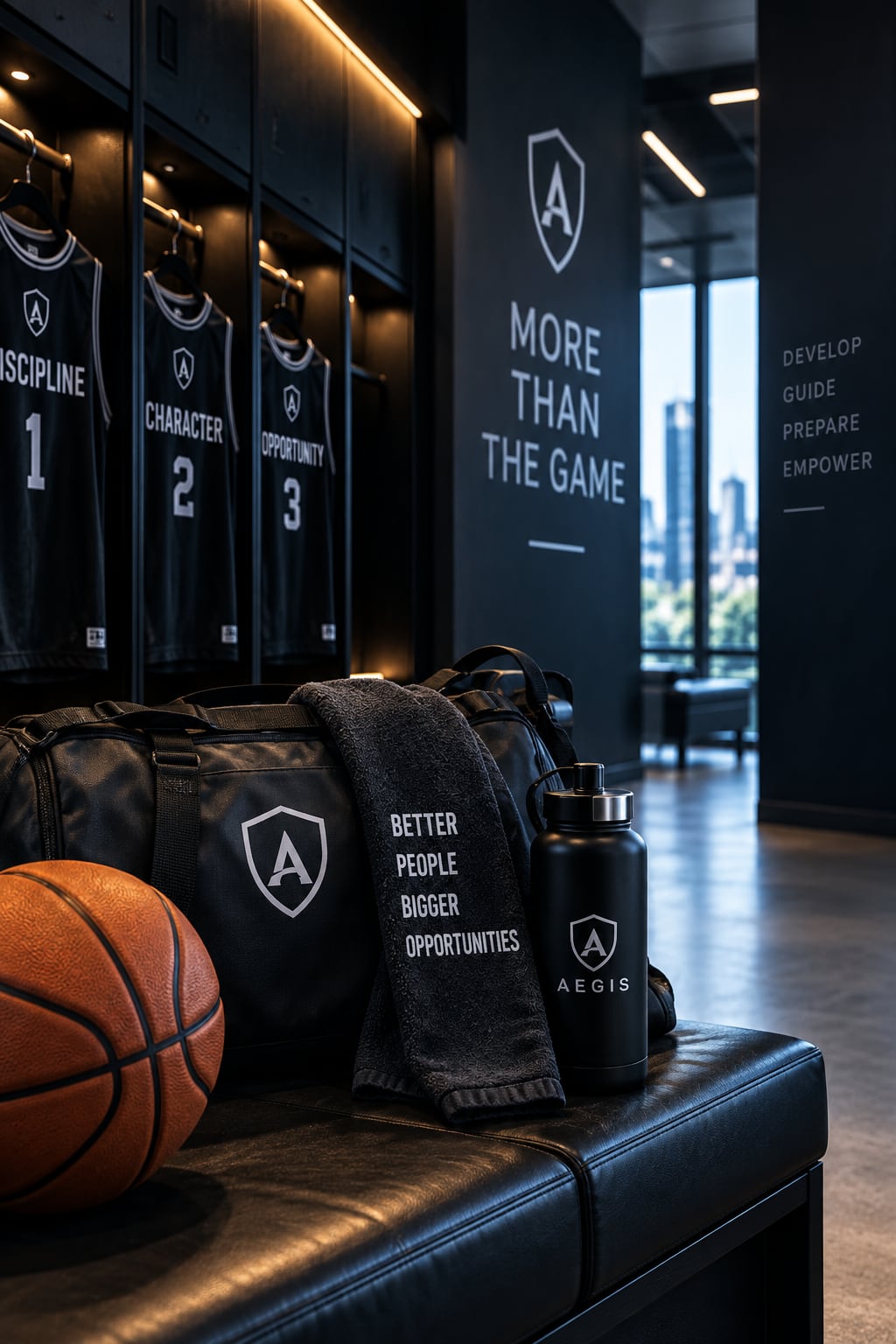 An Aegis locker room: jerseys named for discipline, character and opportunity.