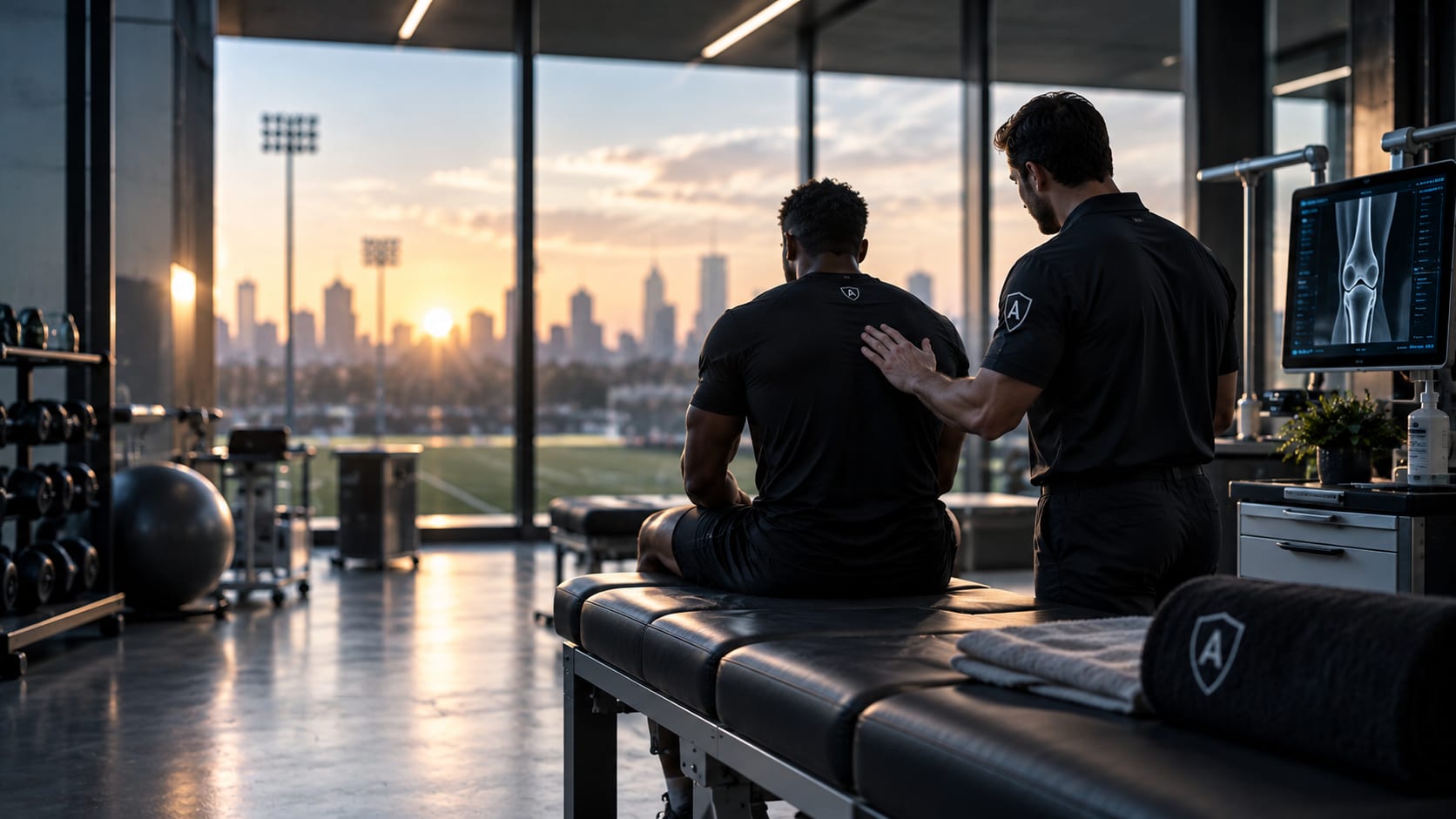 A practitioner working with a seated athlete in a rehabilitation room at dusk.