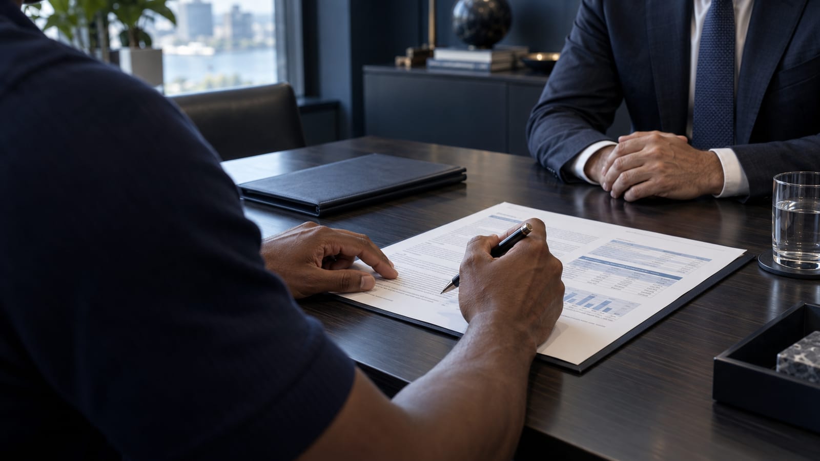 An athlete and an adviser across a desk, a document open between them.