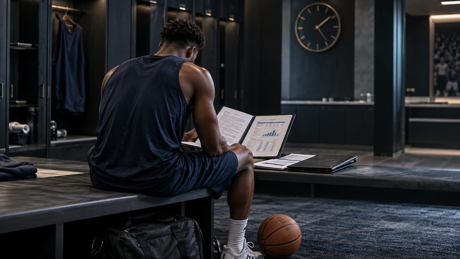 An athlete alone in a locker room reading a financial summary.