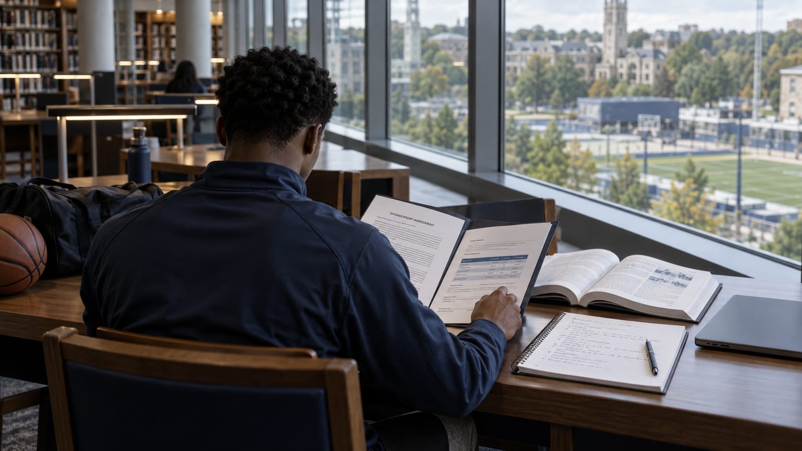A college athlete reading a sponsorship agreement beside a campus window.