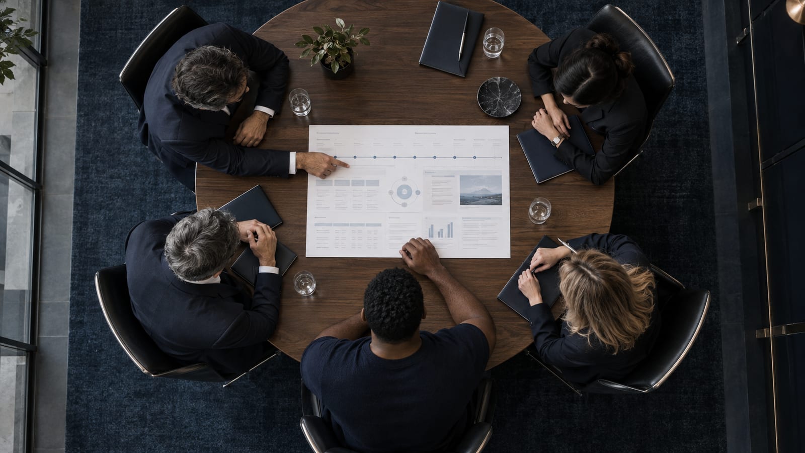An athlete and four advisers around one table, working from the same plan.