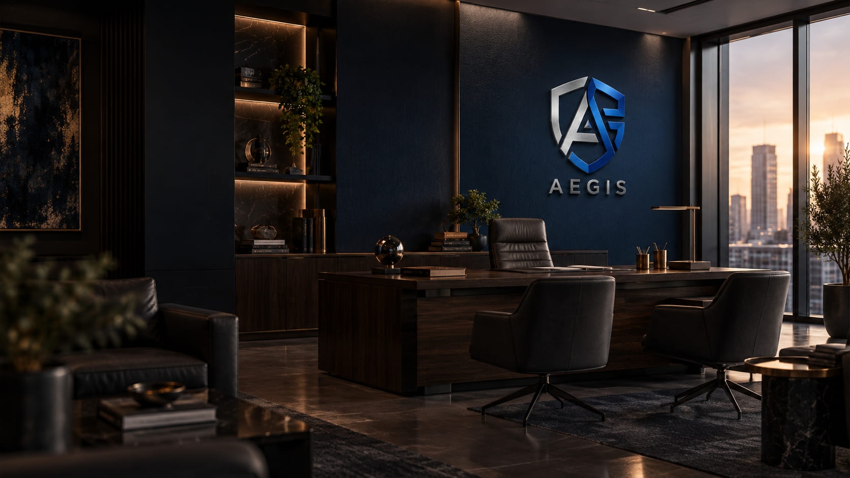 The AEGIS boardroom at dusk, with the city beyond the window.